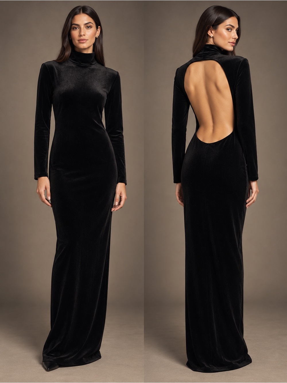 Zara Black Velvet Mock Neck Open Back Maxi Dress | Evening Goth Glam